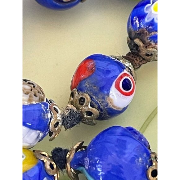 Vintage 1950s Italy Millefiori Hand knotted Glass Blue Beaded Necklace - Picture 3 of 16